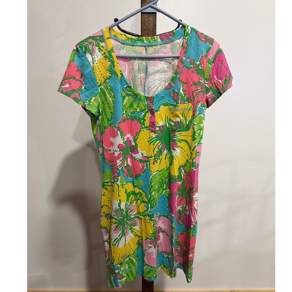 Lilly Pulitzer Pima Cotton Henley T-Shirt Dress Floral Pink Yellow Green M